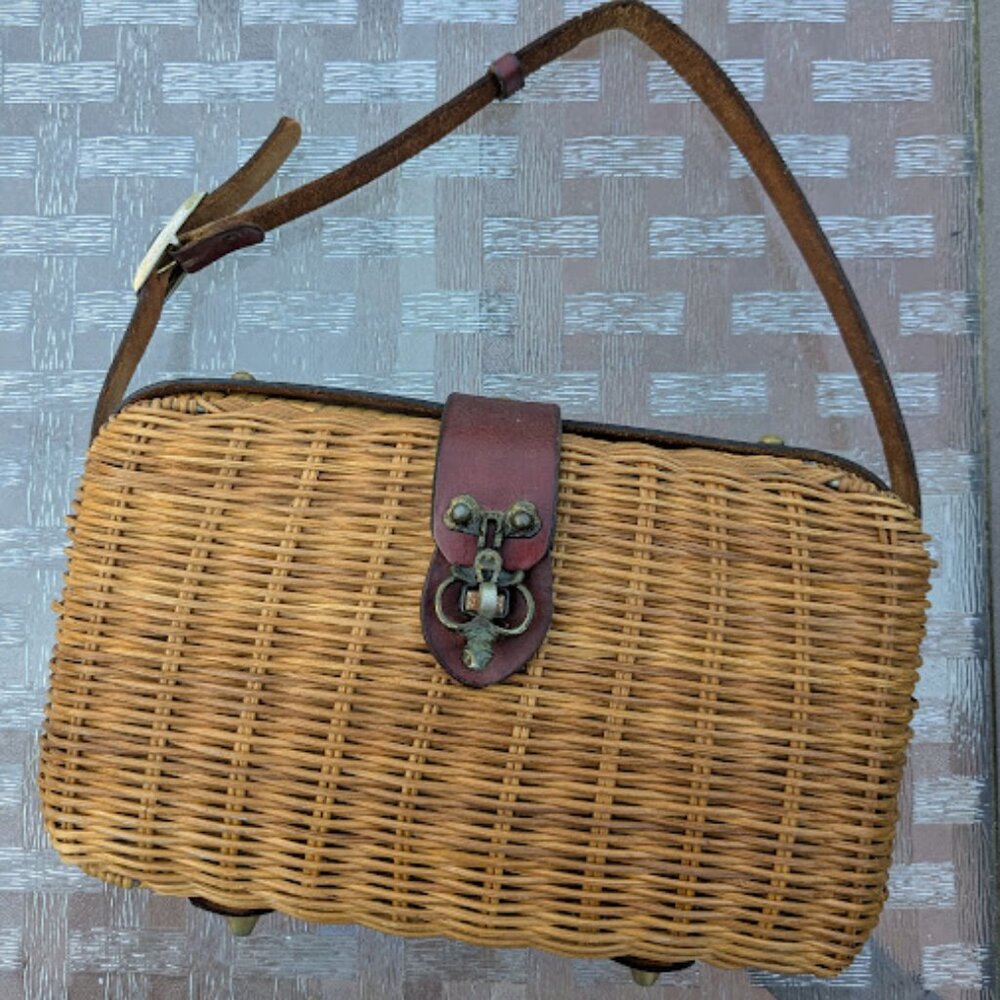 Vintage 1960s Handmade Etienne Aigner RARE Woven Straw Leather Handbag